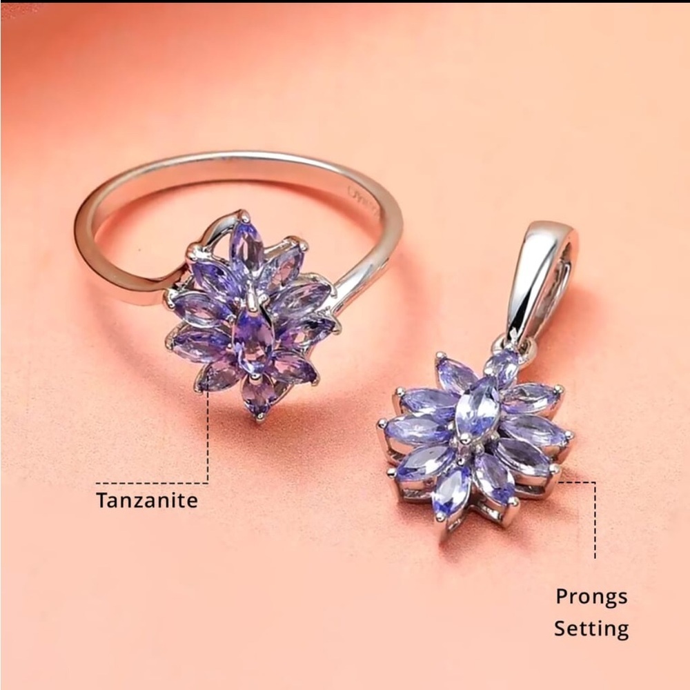 Natural Tanzanite Sterling and Platinum Elegant Purple Floral Jewelry Set - Picture 4 of 13